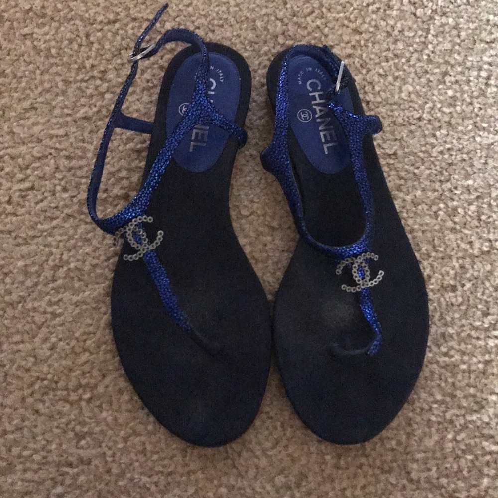 Chanel Thongs Glitter Dark Blue